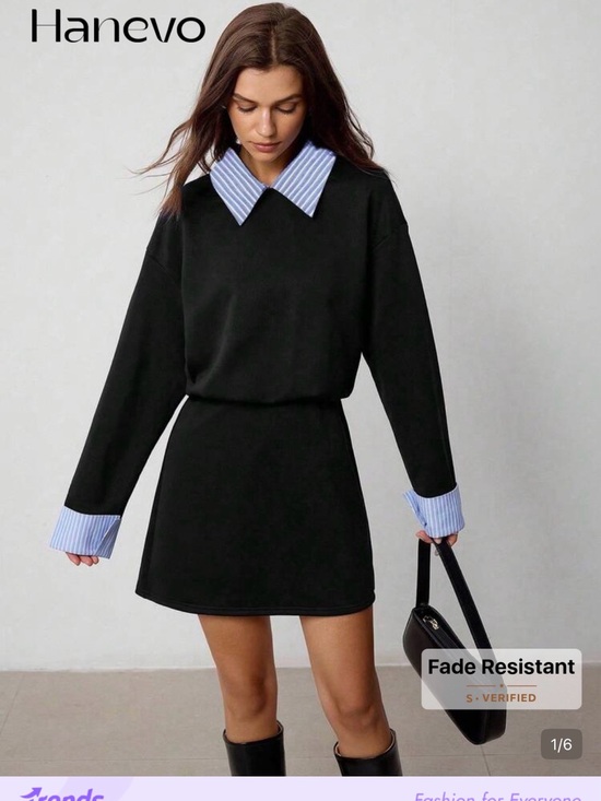 SHEIN Dresses & Skirts - Black Long-Sleeve Shirt Dress with Blue Stripe Collar from SHEIN